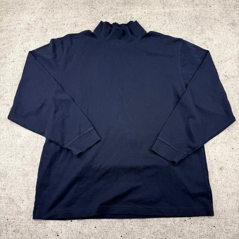 LL Bean Mens Mock Neck Long Sleeve Shirt Navy Blue Cotton Large 187369